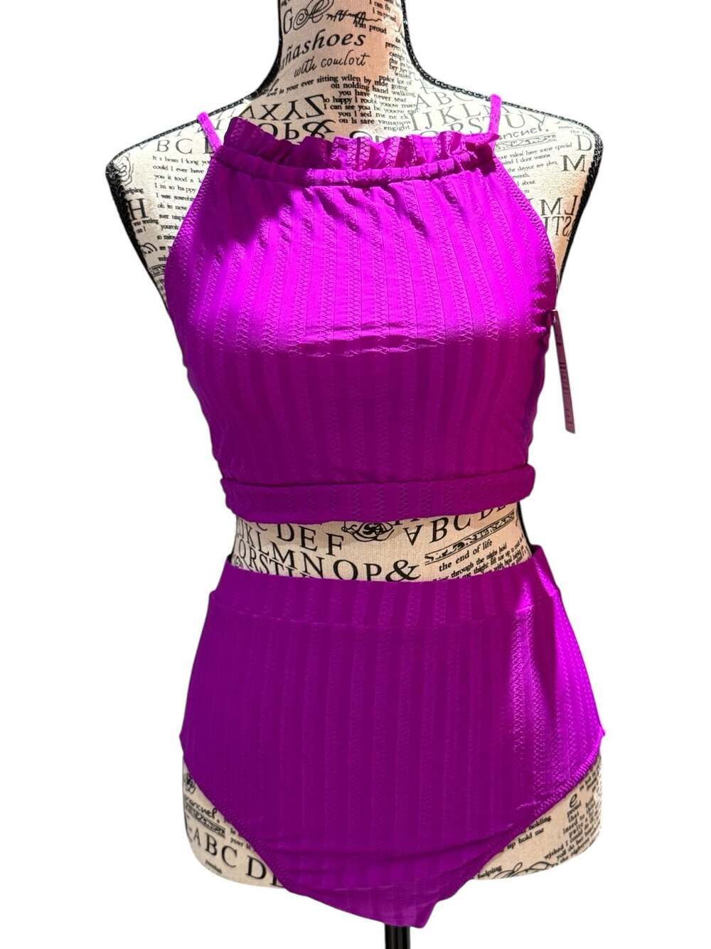 NWT Cupshe Fuchsia Ribbed High-Waisted Bikini Set – Size Medium